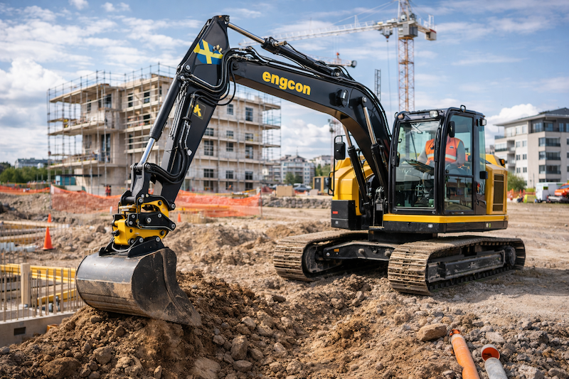Svenskutvecklad grävmaskin arbetar på byggarbetsplats och gräver i jordmassor med kran och byggprojekt i bakgrunden.
